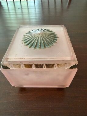 Taussaunt Glass Frosted  Pink Square Vanity Powder Box with Sunburst